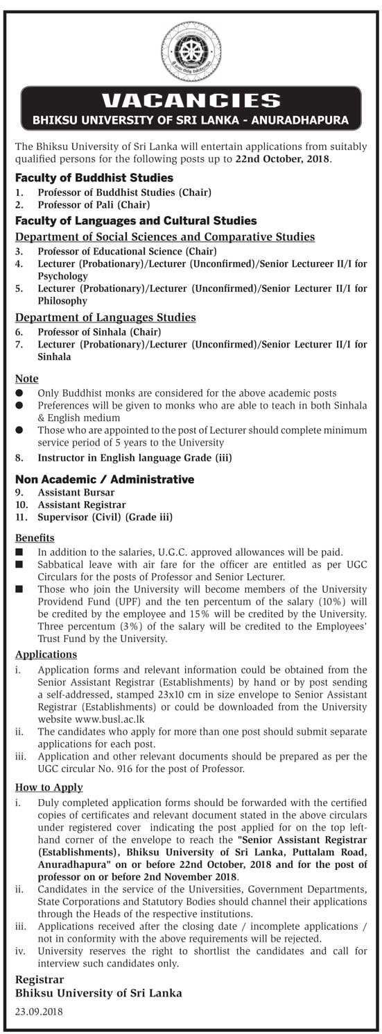 Professor, Lecturer, Senior Lecturer, Instructor in English, Assistant Bursar, Assistant Registrar, Supervisor (Civil) - Bhiksu University of Sri Lanka